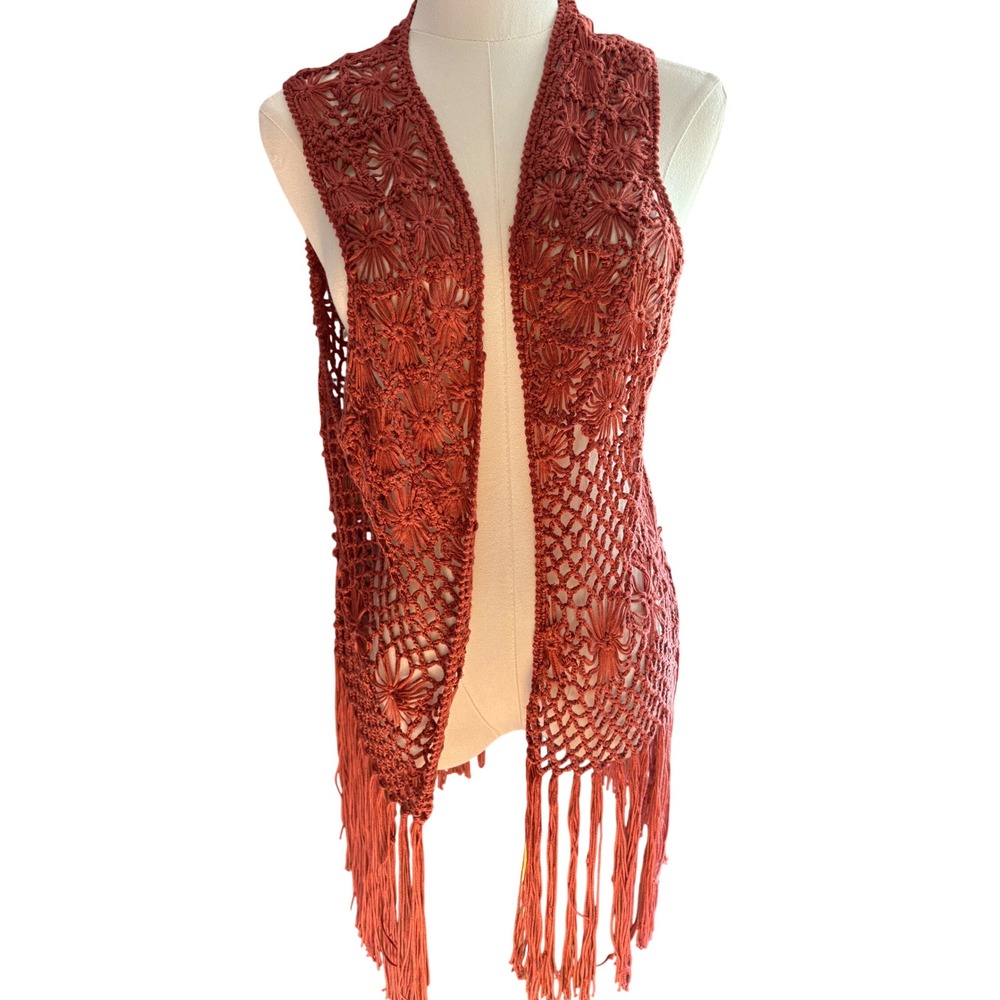 BLL New York XL Rust Orange Crochet Floral Fringe Vest Longline Boho Festival
